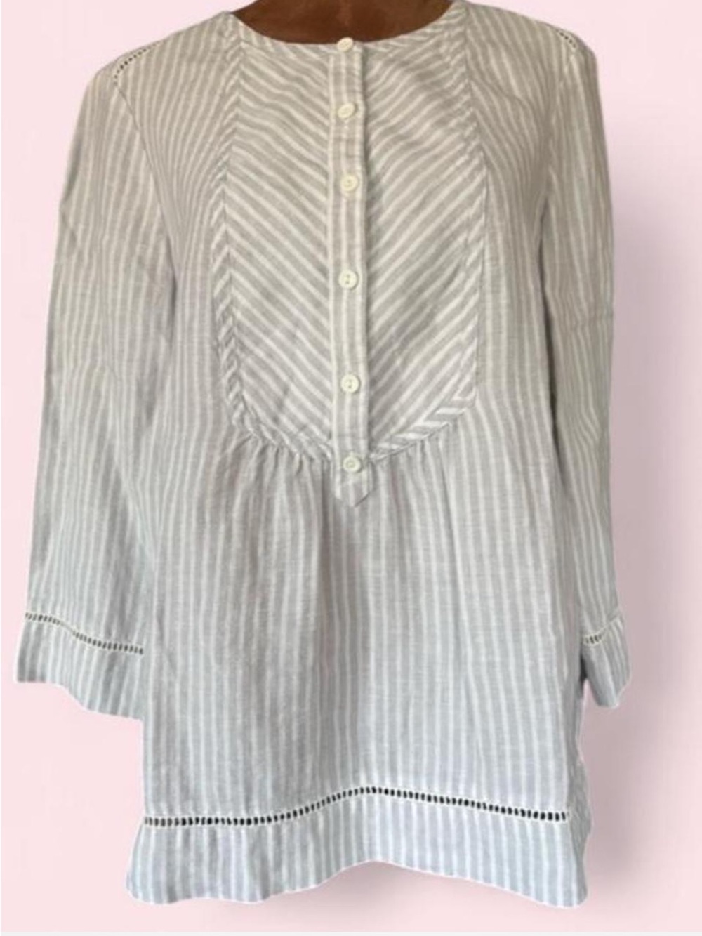 100% Linen Striped Button-Front Tunic Top - White/Gray NWOT boho beachy top
